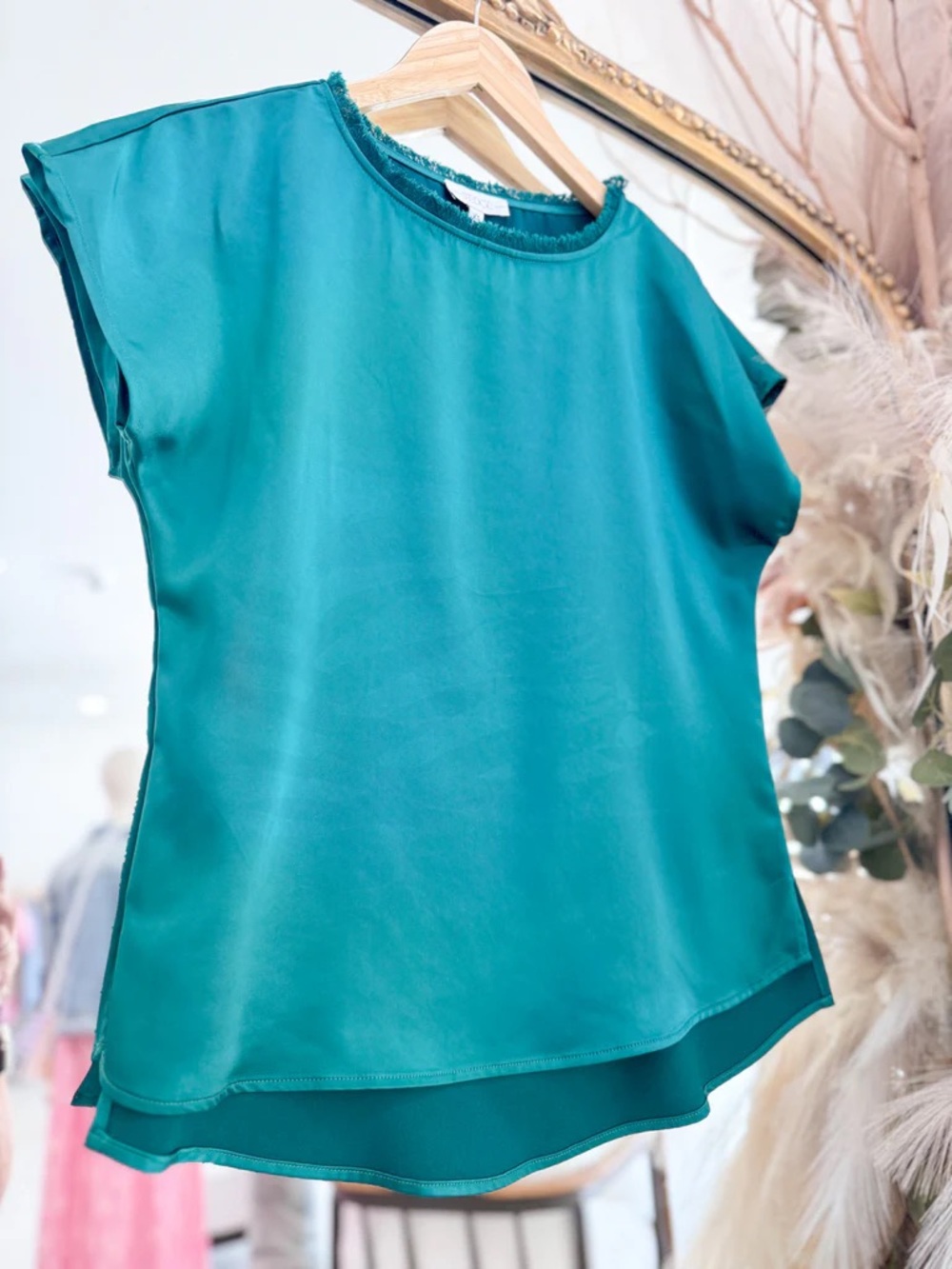 Teal Satin Cap-Sleeve Blouse with Fringe Trim